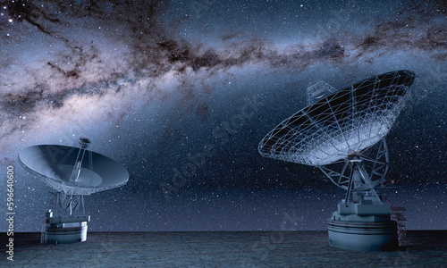Antennas of radio telescopes against the background starry sky. Elements of this image furnished by NASA. 3D render illustration.