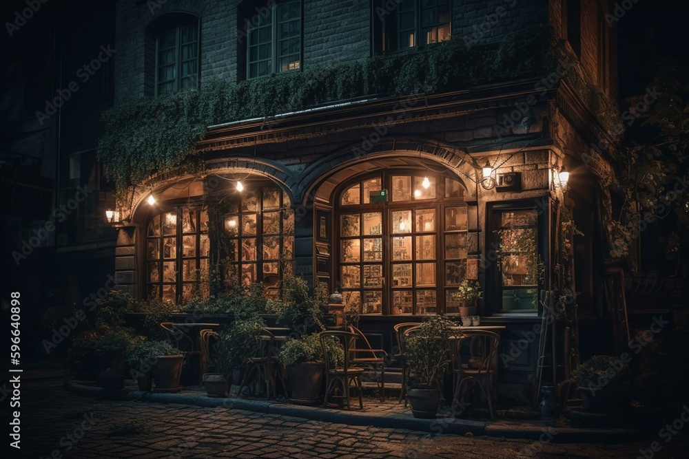 Cafe in the town at night. Image. Generative AI