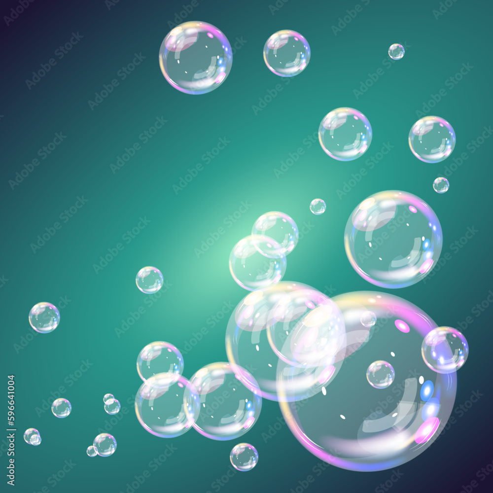 Set of realistic soap bubbles on a turquoise background