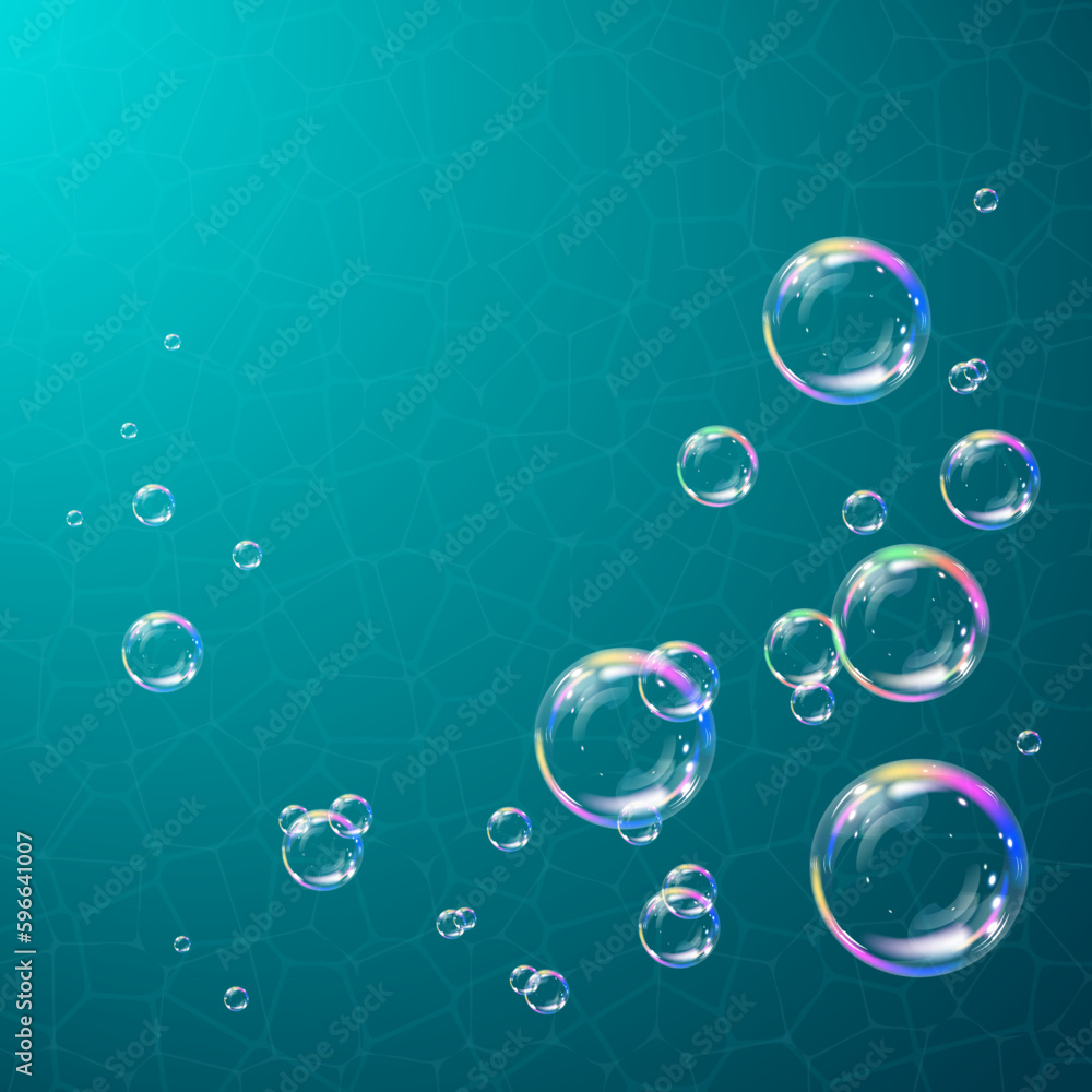 Set of realistic soap bubbles on water background
