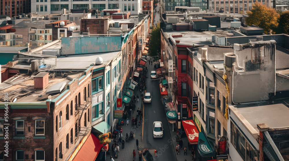 An elevated perspective of a downtown district, highlighting the vibrancy of city life with colorful storefronts, busy cafes, and historic architecture.