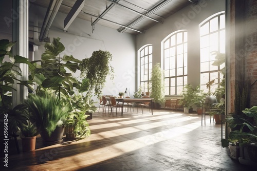 A contemporary and modern indoor space with natural light and plants. Generative AI