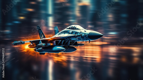 Multirole fighter aircraft at high speed, motion blur created with generative AI technology photo