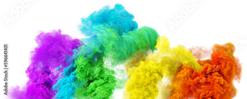 Rainbow color puffs of magic fog or smoke in white background. Color 3D render abstract fog texture on a white background for social fest and fan party