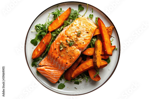 Baked Salmon With Sweet Potato Fries. Lactose-Free Food On Isolated Transparent Background, Png. Generative AI