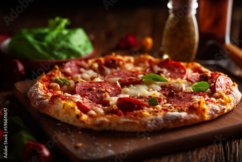 Pizza Pepperoni, Salami with Mozzarella, salami, ,Spices and Basil. Italian pizza, AI generative