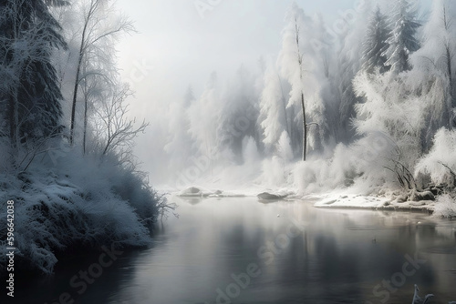 Snowy Winter Forest and River Landscape with Copy Space for Background
