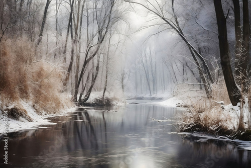 Snowy Winter Forest and River Landscape with Copy Space for Background © Thares2020