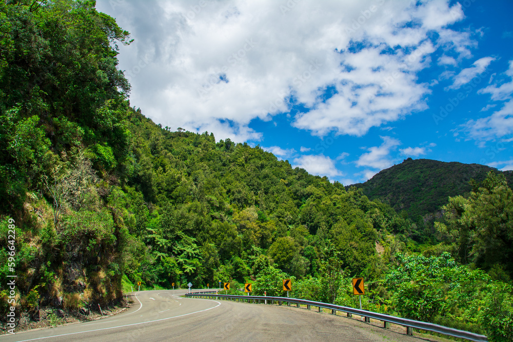 Narrow monutain road winding through green ranges of Waioeka Gorge. North Island, New Zealand