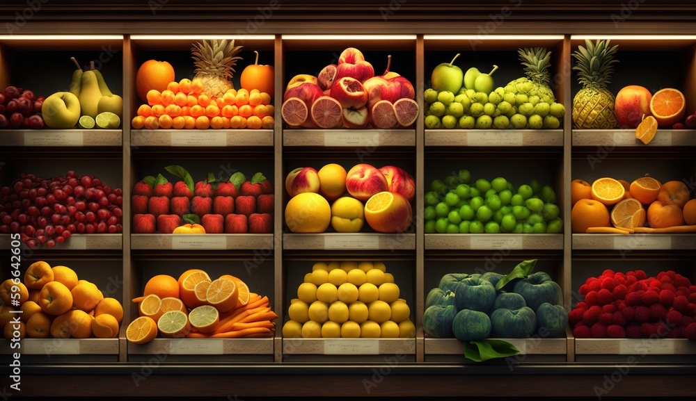 Colorful Array of Fresh Fruits on Display at Local Greengrocer. Generative AI