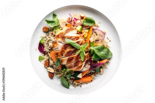 Quinoa And Vegetable Salad With Grilled Chicken. Lactose-Free Food On Isolated Transparent Background, Png. Generative AI