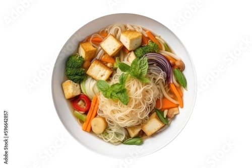 Rice Noodles With Vegetables And Tofu. Lactose-Free Food On Isolated Transparent Background, Png. Generative AI