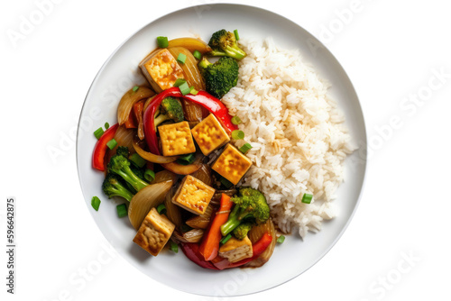 Tofu And Vegetable Stirfry With Rice. Lactose-Free Food On Isolated Transparent Background, Png. Generative AI