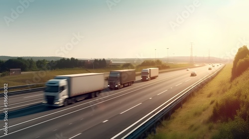 Highway scene with cargo trucks transporting goods, emphasizing speed, logistics, and the evolving role of technology in transportation. Generative AI