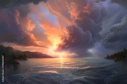 a beautiful cloudy sky over a body of water, a photorealistic painting, whirlwind, strange clouds, sunrise over the river, sunset over the lake, sunset over the ocean, Generative AI