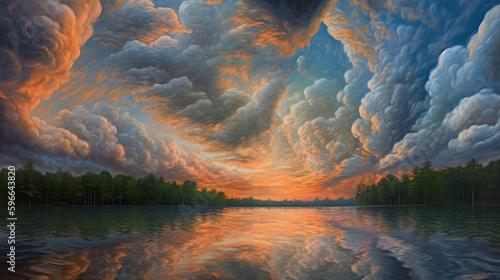 a beautiful cloudy sky over a body of water, a photorealistic painting, whirlwind, strange clouds, sunrise over the river, sunset over the lake, sunset over the ocean, Generative AI
