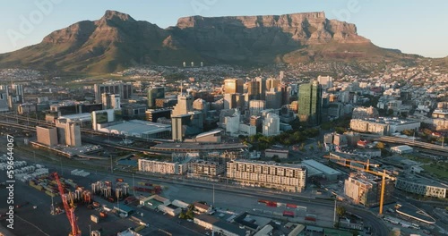 Spectacular aerial tilt-up view of Cape Town Waterfront, Harbour, City Centre, Table Mountain, Cape Town, South Africa