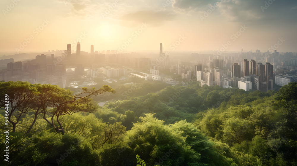 Fototapeta premium A stunning view of a sprawling metropolis, showcasing towering buildings, green parks, and intricate bridges that connect the city together.