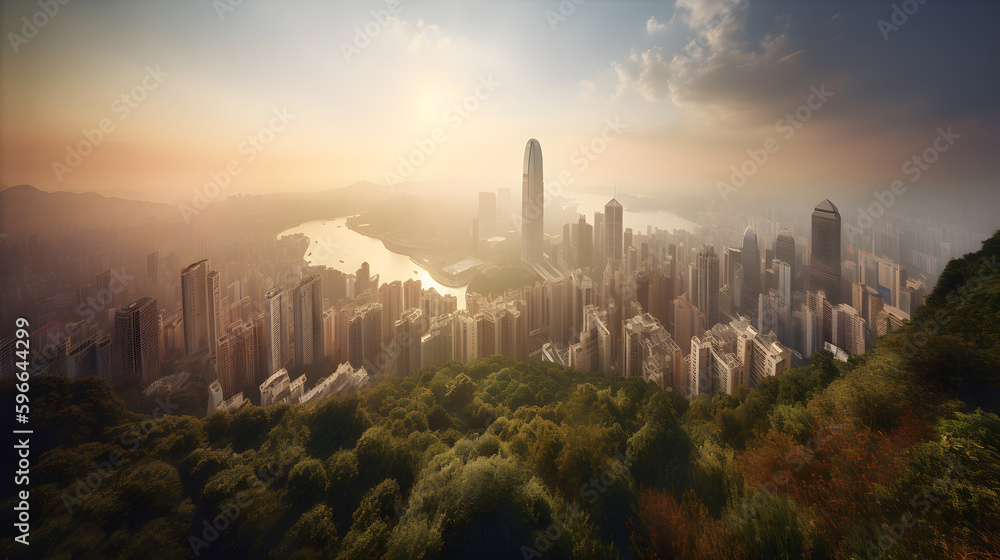 Obraz premium A stunning view of a sprawling metropolis, showcasing towering buildings, green parks, and intricate bridges that connect the city together.