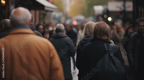 City Life in Motion. A Bokeh Blur of People Walking through the Busy Streets. Generative AI