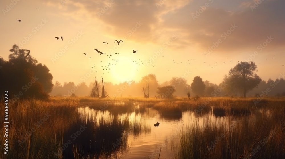 Lush wetlands at sunset a variety of birds taking flight, serene landscape. generative AI Lush wetlands at sunset a variety of birds taking flight, serene landscape. generative AI