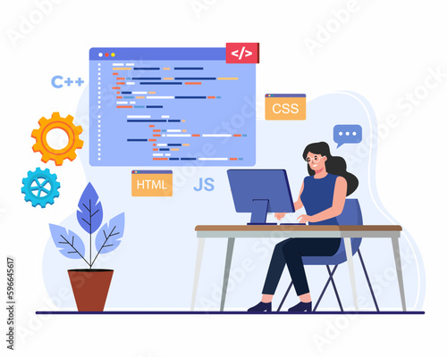 Young women freelancers working on laptop or computer at office, Programmer working writing code.
