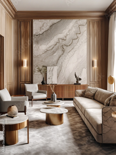 Marble and wooden paneling in room with high ceiling .Interior design of modern home. Created with generative AI photo