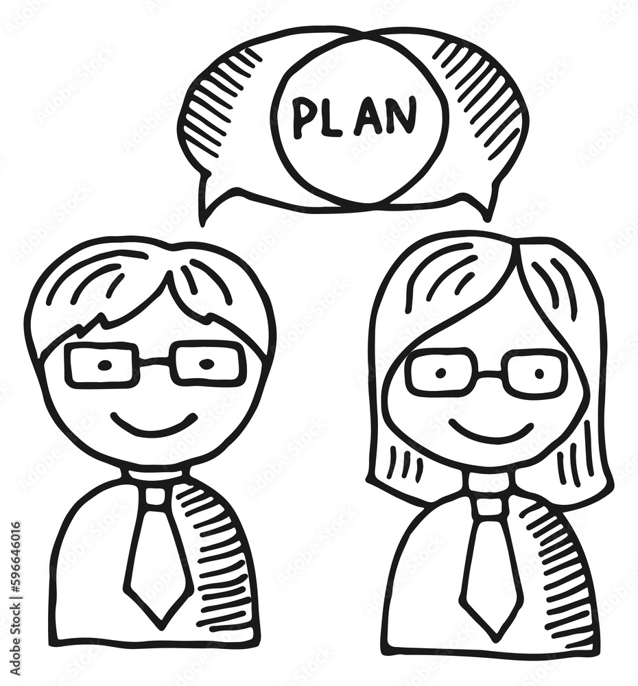 Business partners discussing plan. Work conversation doodle Business partners discussing plan. Work conversation doodle