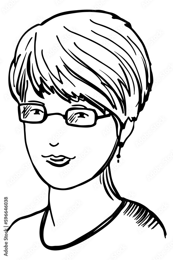 Female portrait drawing. Woman in glasses head drawing Female portrait drawing. Woman in glasses head drawing