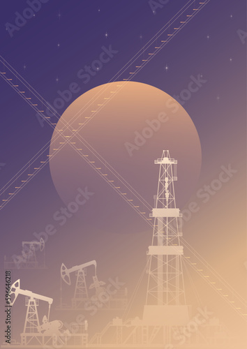 Oil production in the desert. Vector illustration of an oil rig for oil production on the background of the sun. Sketch for creativity.