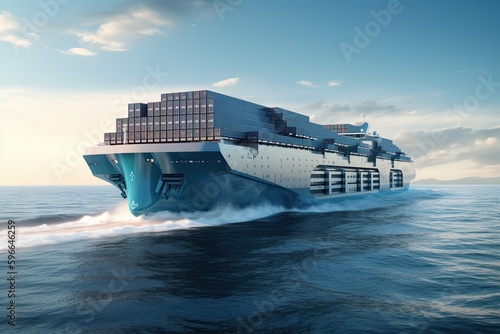 ultramodern container ship of the future sails across the sea, equipped with cutting-edge technology and designed for maximum efficiency. Generative AI