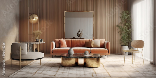 Orange sofa, gray armchair and stone coffee table against of beige wall. Interior design of modern living room. Created with generative AI