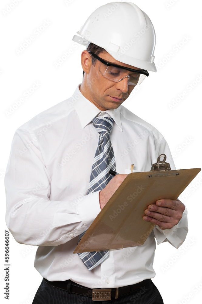 Male Construction Engineer Using Clipboard - Isolated Male Construction Engineer Using Clipboard - Isolated