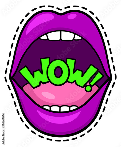 Wow sticker in pop art style with sexy female mouth