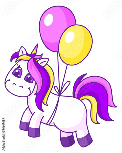 Cute unicorn flying on balloons. Magic cartoon horse