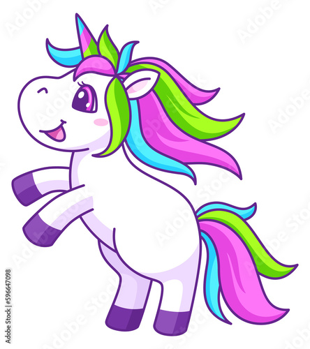 Happy unicorn smiling. Cute colorful fantasy mascot