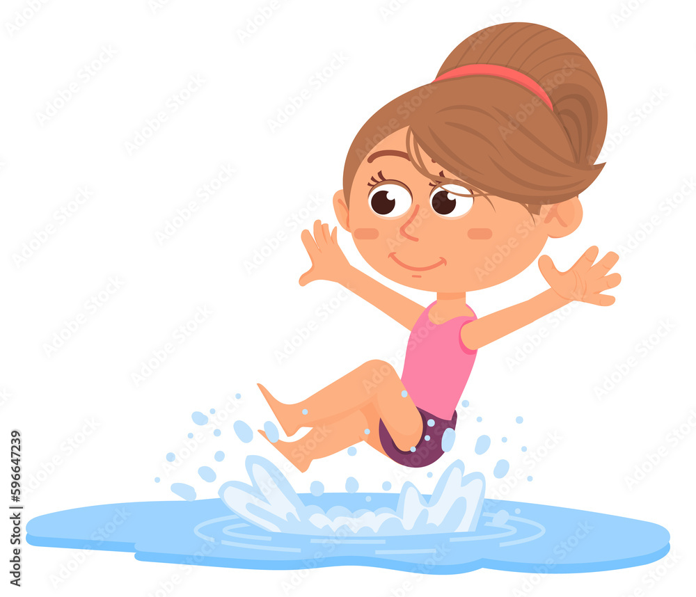Girl jumping into water. Summer beach fun. Cartoon kid Girl jumping into water. Summer beach fun. Cartoon kid