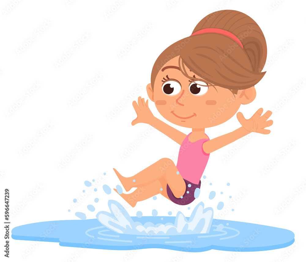 Girl jumping into water. Summer beach fun. Cartoon kid