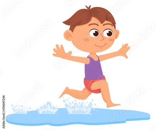 Boy running in water. Cartoon kid on summer beach © LadadikArt