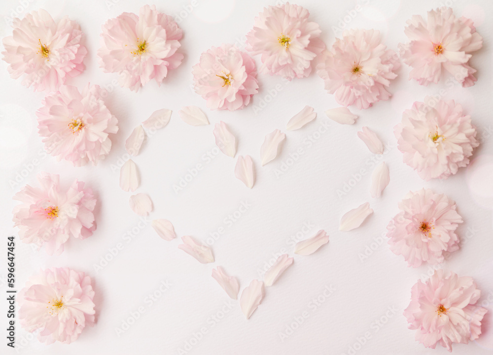 Romantic Spring Blossom Flower Frame And Heart With Petals