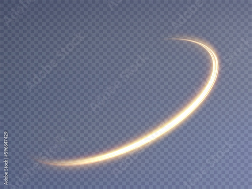 Golden glowing swirl. Light speed motion effect. Light trail. Shiny wavy path. Vector.