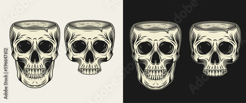 Human skull without top like cup, bowl, vase. Whole skull, half skull without jaw. Front view illustration in vintage style.