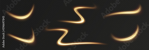 Golden glowing swirl. Light speed motion effect. Light trail. Shiny wavy path. Vector.