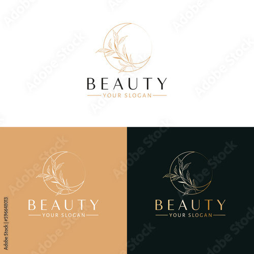 Beauty vector logo design. Crescent and flower logotype. Moon logo template. 