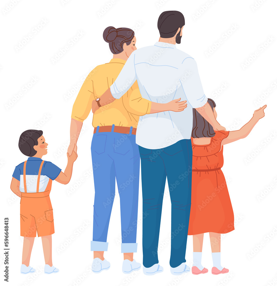 Happy family together rear view. Parents standing with kids Happy family together rear view. Parents standing with kids