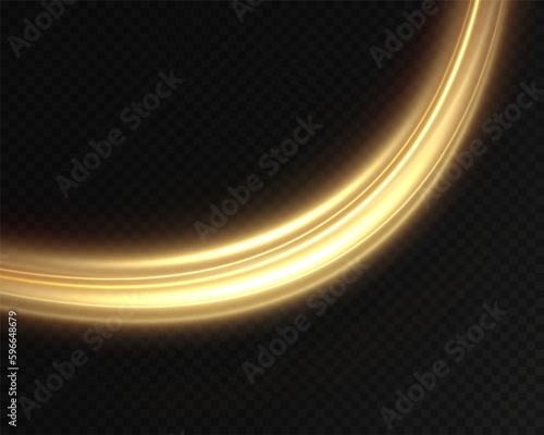 Golden glowing swirl. Light speed motion effect. Light trail. Shiny wavy path. Vector.