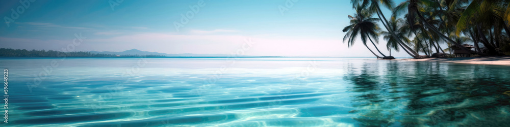 Calm Ocean With Palm Trees In Background, Panorama, Banner. Generative AI