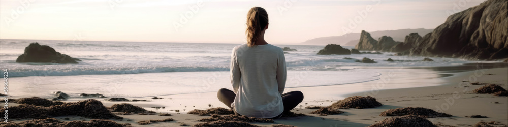 Calming Yoga Pose On Beach, Panorama, Banner. Generative AI