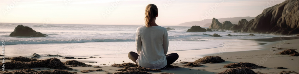 Calming Yoga Pose On Beach, Panorama, Banner. Generative AI Calming Yoga Pose On Beach, Panorama, Banner. Generative AI
