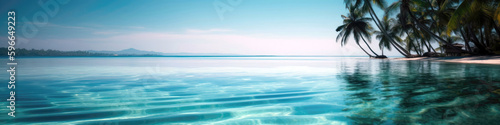 Calm Ocean With Palm Trees In Background, Panorama, Banner. Generative AI © Anastasiia